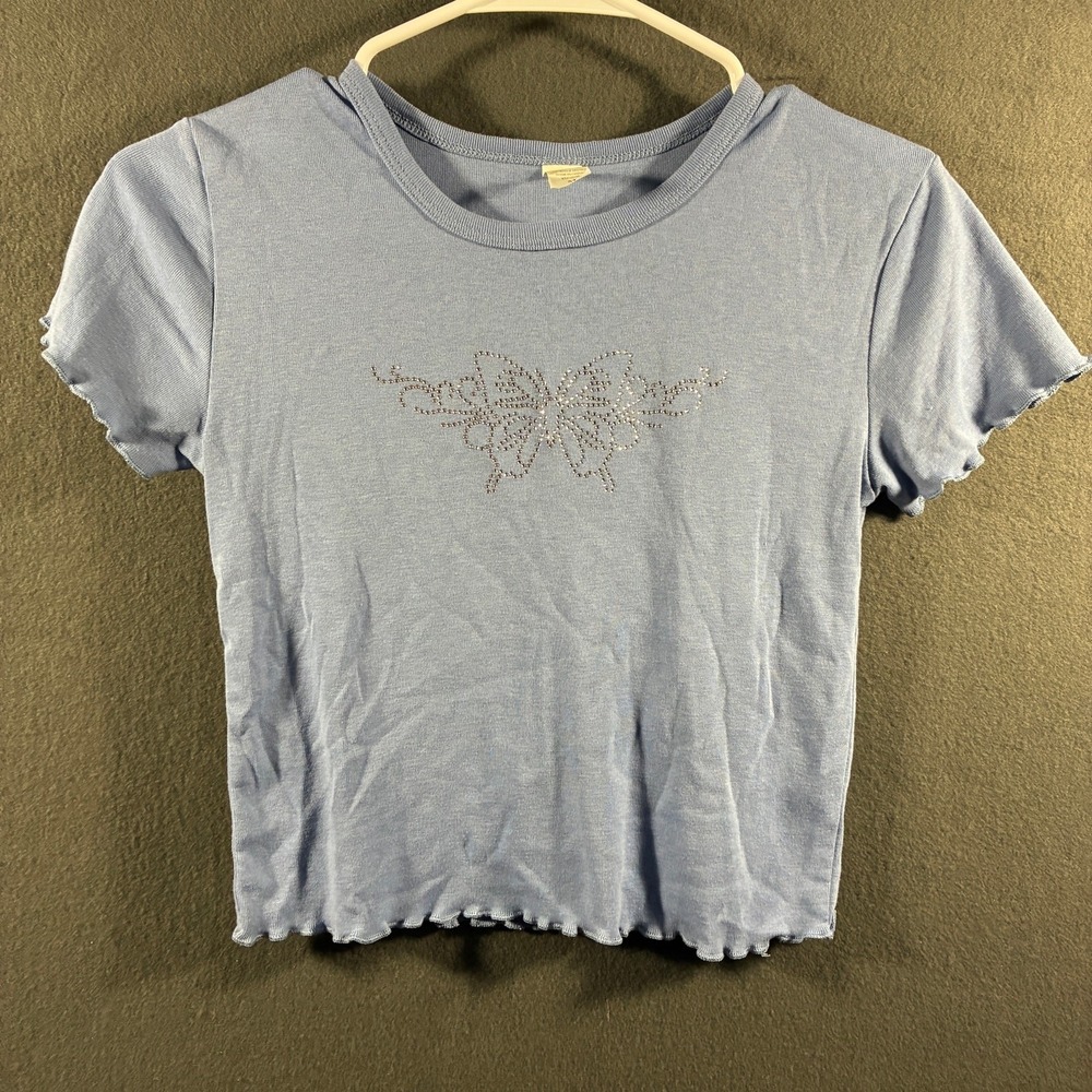 y2k women baby tee medium blue butterfly beaded fairy crop rhinestone lettuce